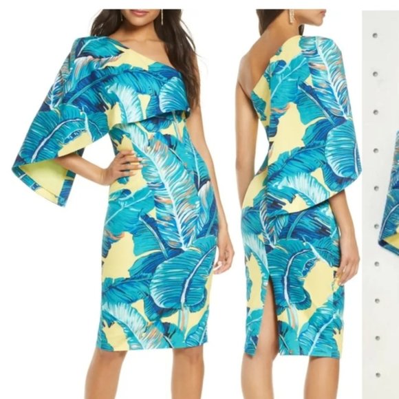 Lavish Alice - One Shoulder Cape Midi Dress In Yellow Palm - Picture 2 of 7